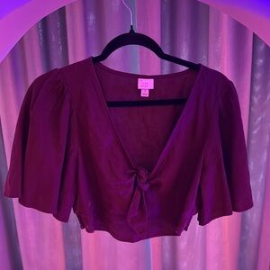 Chic Purple Flutter Sleeve Crop Top with Tie Front